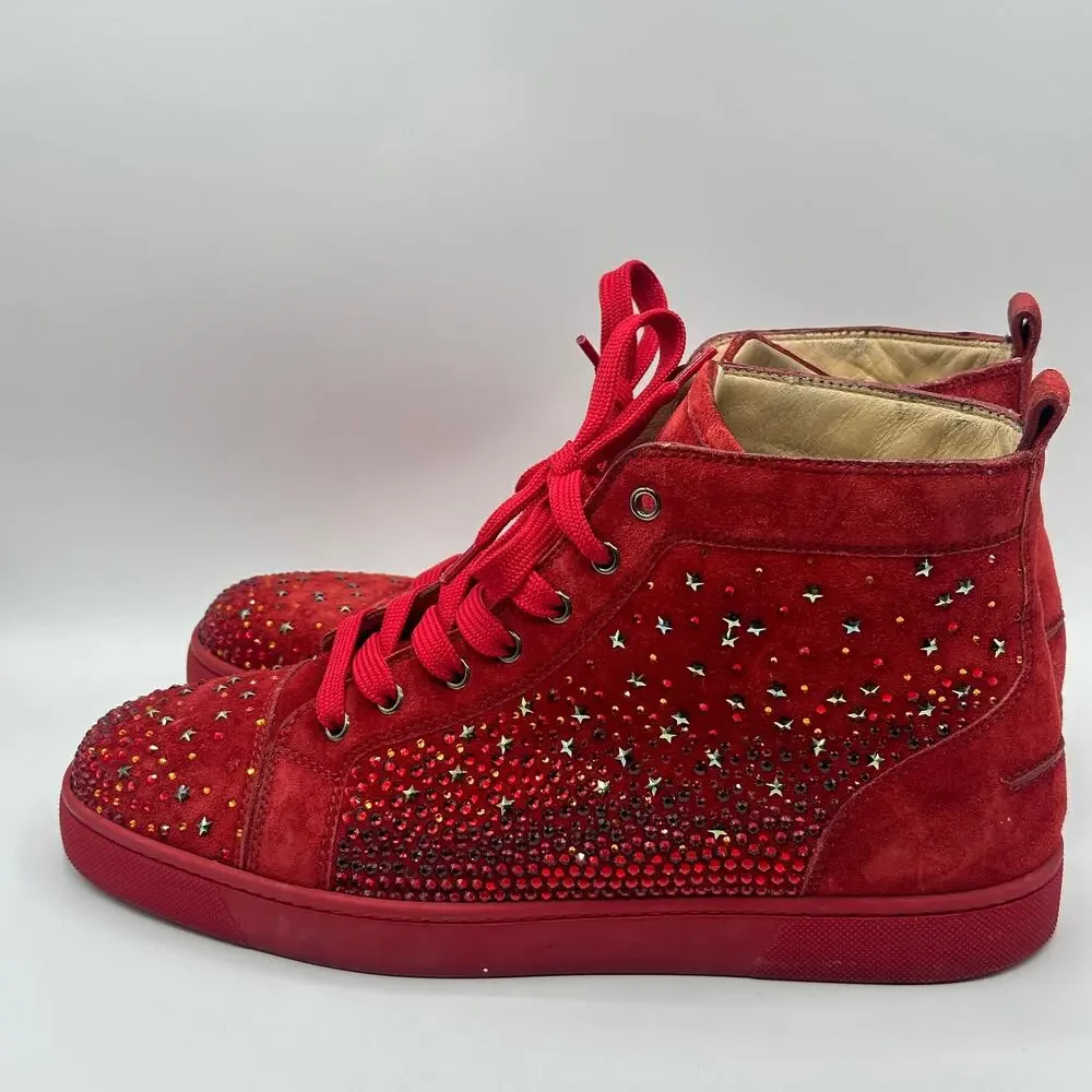 CHRISTIAN LOUBOUTIN Suede Galaxtitude High Top Sneakers Crystal Red Sz 42.5